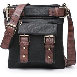 Black & Brown Two Tone Crossbody or Messenger Bag, Soft Vegan Leather EUC